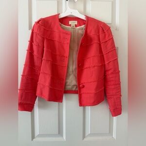 J. Crew Coral Red Frayed Stripe Cropped Blazer